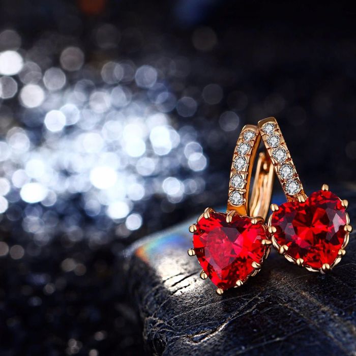 18K Gold Plated Heart-Shaped Ruby Sapphire Crystal Hoop Earrings with CZ Accents