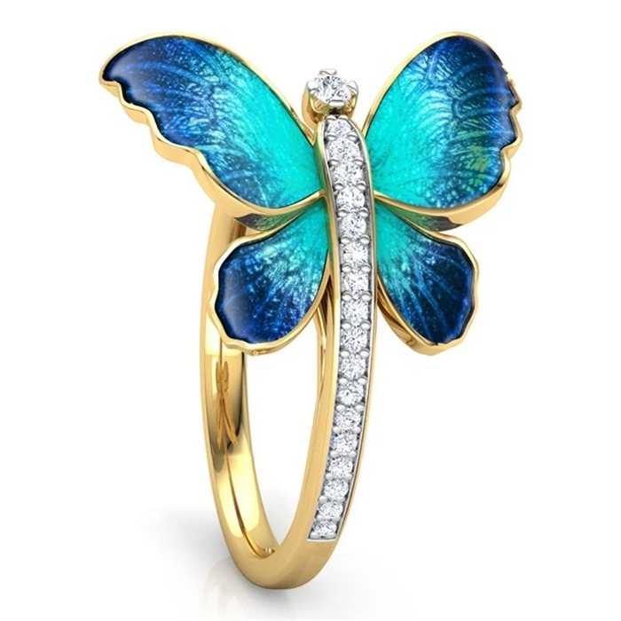 18K Gold Plated Butterfly Collections Pearl Stud Earrings Ring, Blue-Green Enamel with Crystal Accents