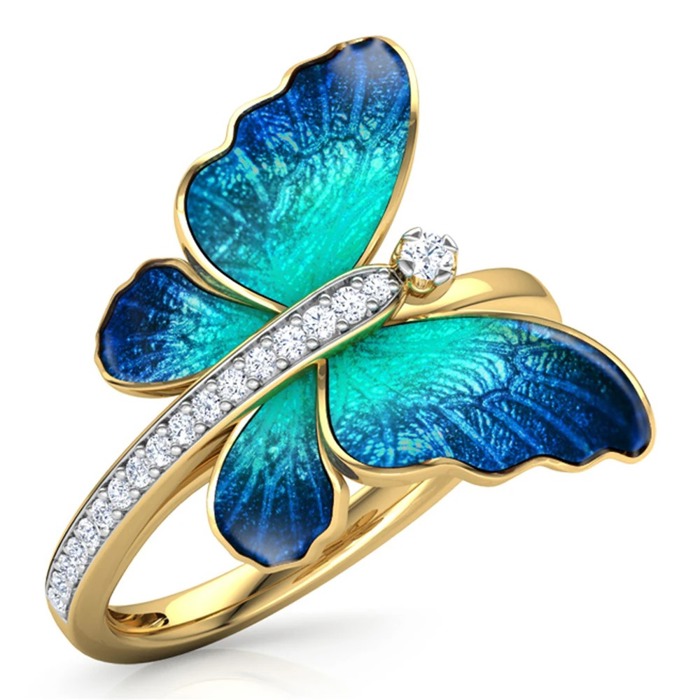 18K Gold Plated Butterfly Collections Pearl Stud Earrings Ring, Blue-Green Enamel with Crystal Accents