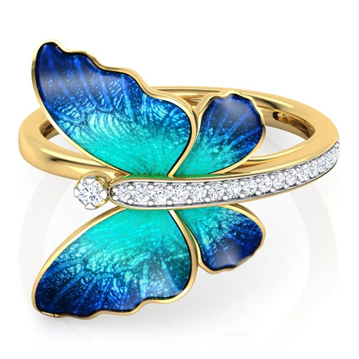 18K Gold Plated Butterfly Collections Pearl Stud Earrings Ring, Blue-Green Enamel with Crystal Accents