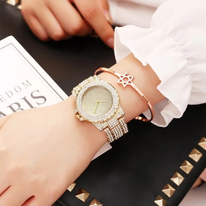 Luxury Crystal Wrist Watch for Women, Diamond-Style Rhinestone Dial and Band, Quartz Movement, Available in Rose Gold, Gold, Silver