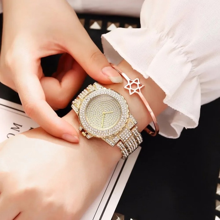 Luxury Crystal Wrist Watch for Women, Diamond-Style Rhinestone Dial and Band, Quartz Movement, Available in Rose Gold, Gold, Silver