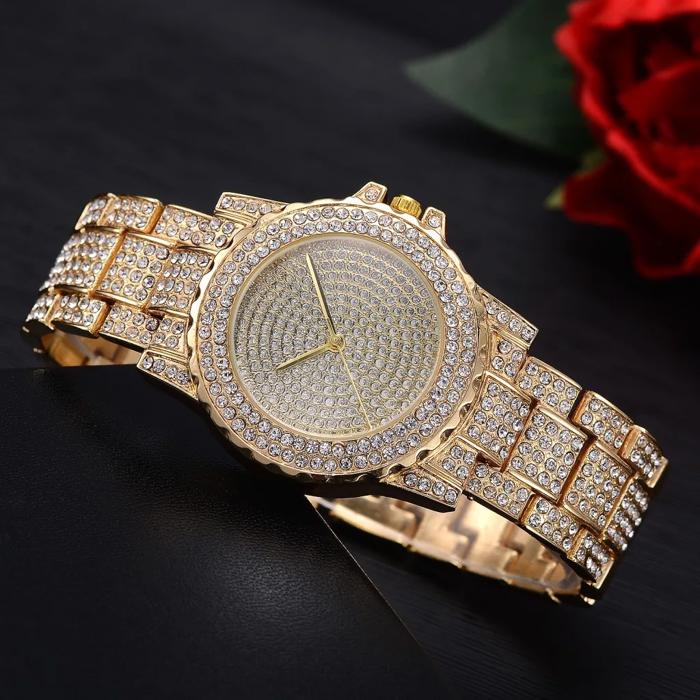 Luxury Crystal Wrist Watch for Women, Diamond-Style Rhinestone Dial and Band, Quartz Movement, Available in Rose Gold, Gold, Silver