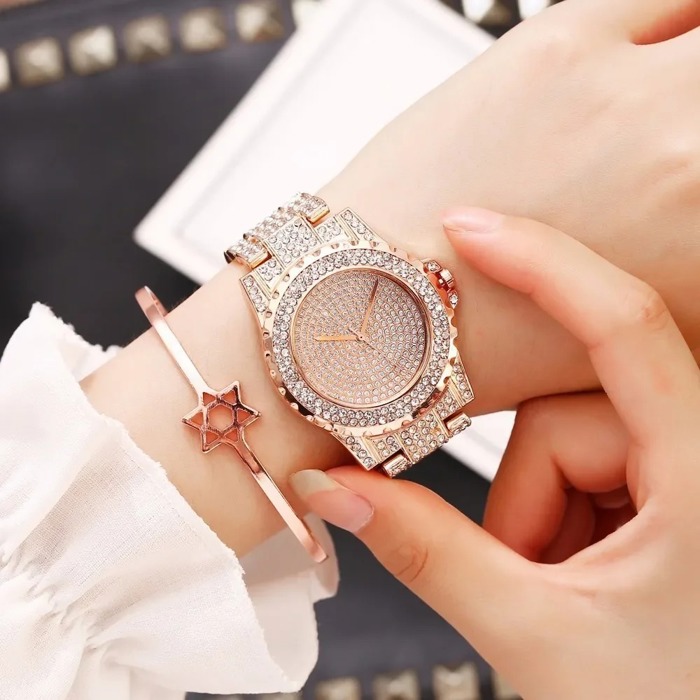 Luxury Crystal Wrist Watch for Women, Diamond-Style Rhinestone Dial and Band, Quartz Movement, Available in Rose Gold, Gold, Silver