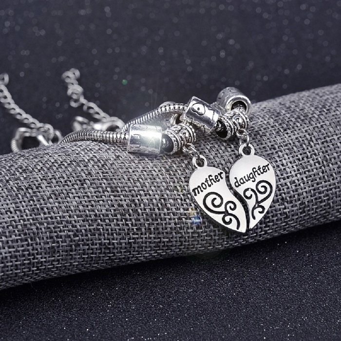 Set of 2 Mother and Daughter Heart Charm Bracelets 