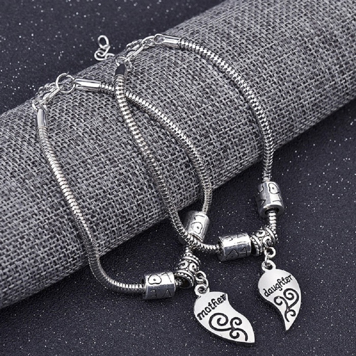 Set of 2 Mother and Daughter Heart Charm Bracelets 