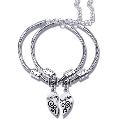 Set of 2 Mother and Daughter Heart Charm Bracelets 