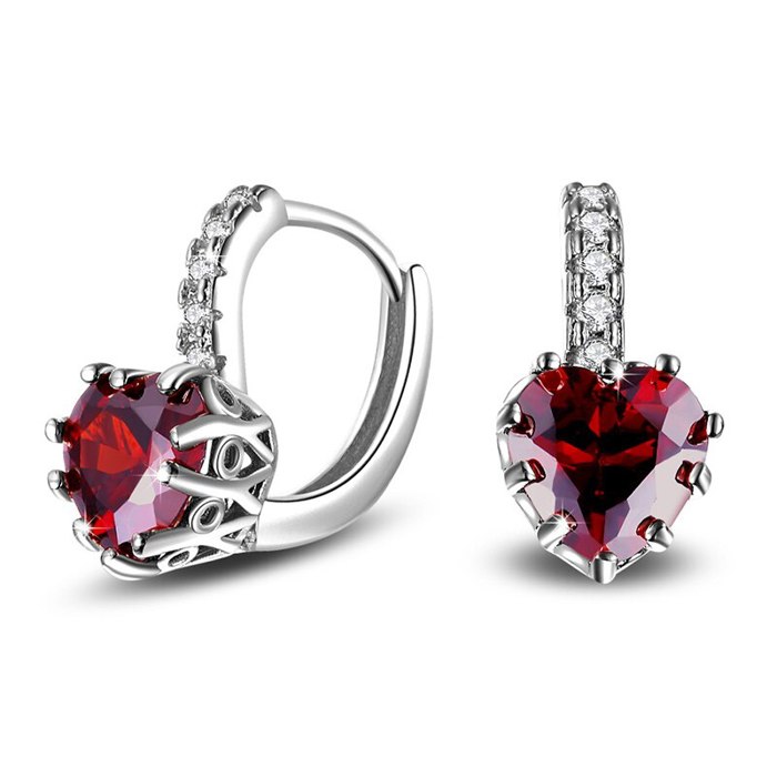 18K Gold Plated Heart-Shaped Ruby Sapphire Crystal Hoop Earrings with CZ Accents