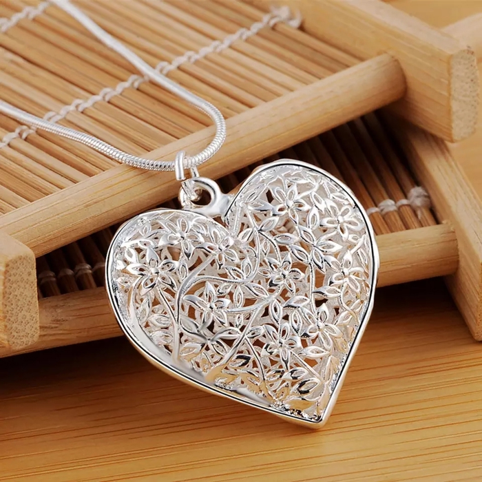 Heart and Flowers Sterling Silver Pendant Necklace