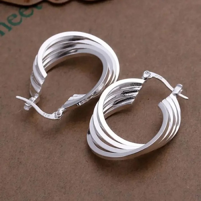  925 Sterling Silver Multi-Layered Round Shaped Hoop Earrings