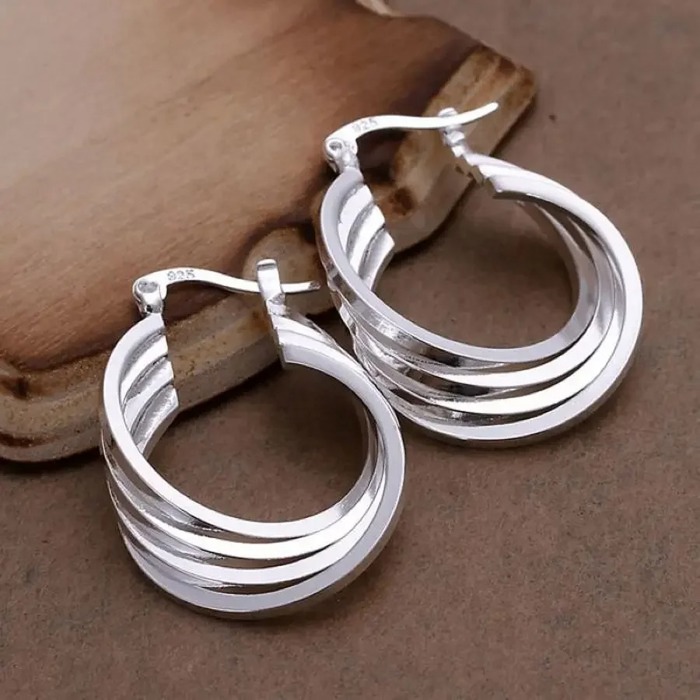  925 Sterling Silver Multi-Layered Round Shaped Hoop Earrings