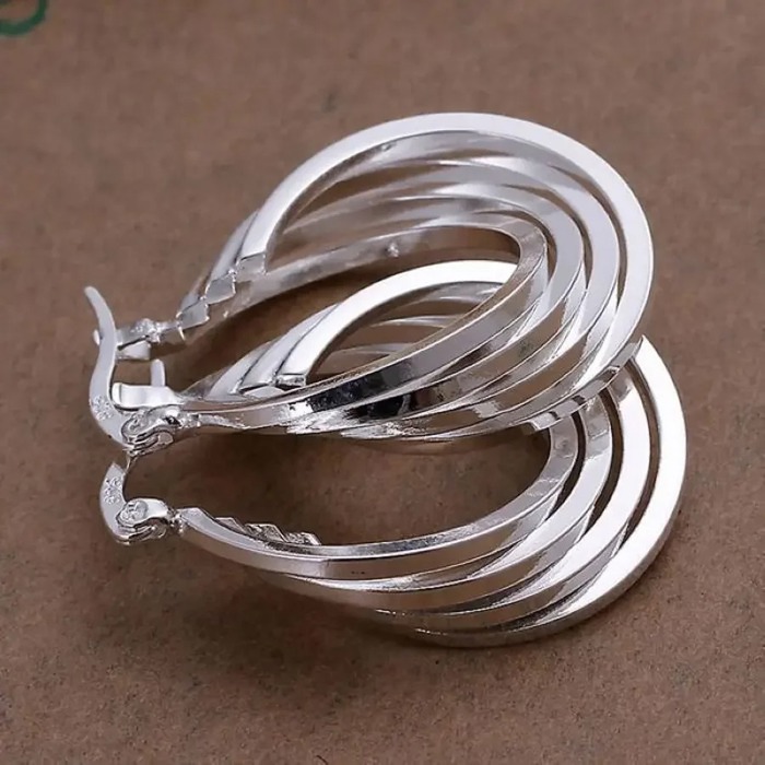  925 Sterling Silver Multi-Layered Round Shaped Hoop Earrings