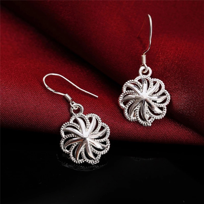 925 Sterling Silver Round Flower Drop Dangle Earrings