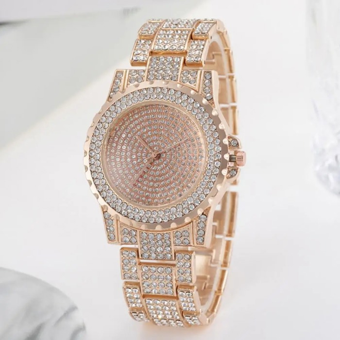 Luxury Crystal Wrist Watch for Women, Diamond-Style Rhinestone Dial and Band, Quartz Movement, Available in Rose Gold, Gold, Silver