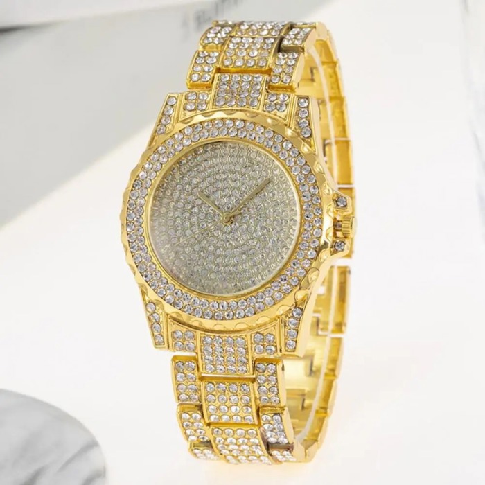 Luxury Crystal Wrist Watch for Women, Diamond-Style Rhinestone Dial and Band, Quartz Movement, Available in Rose Gold, Gold, Silver