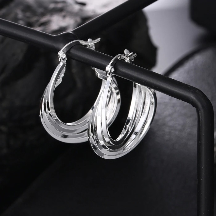  925 Sterling Silver Multi-Layered Round Shaped Hoop Earrings