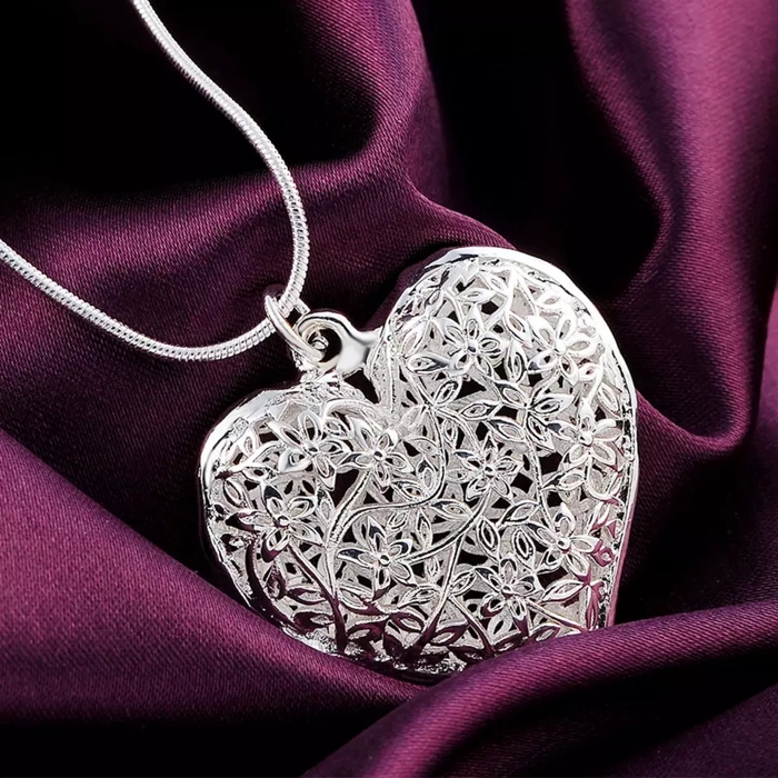 Heart and Flowers Sterling Silver Pendant Necklace