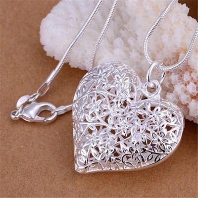 Heart and Flowers Sterling Silver Pendant Necklace