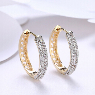 Classic Round18K Gold Plated Crystal Cubic Zirconia Pave Hoop Earrings 