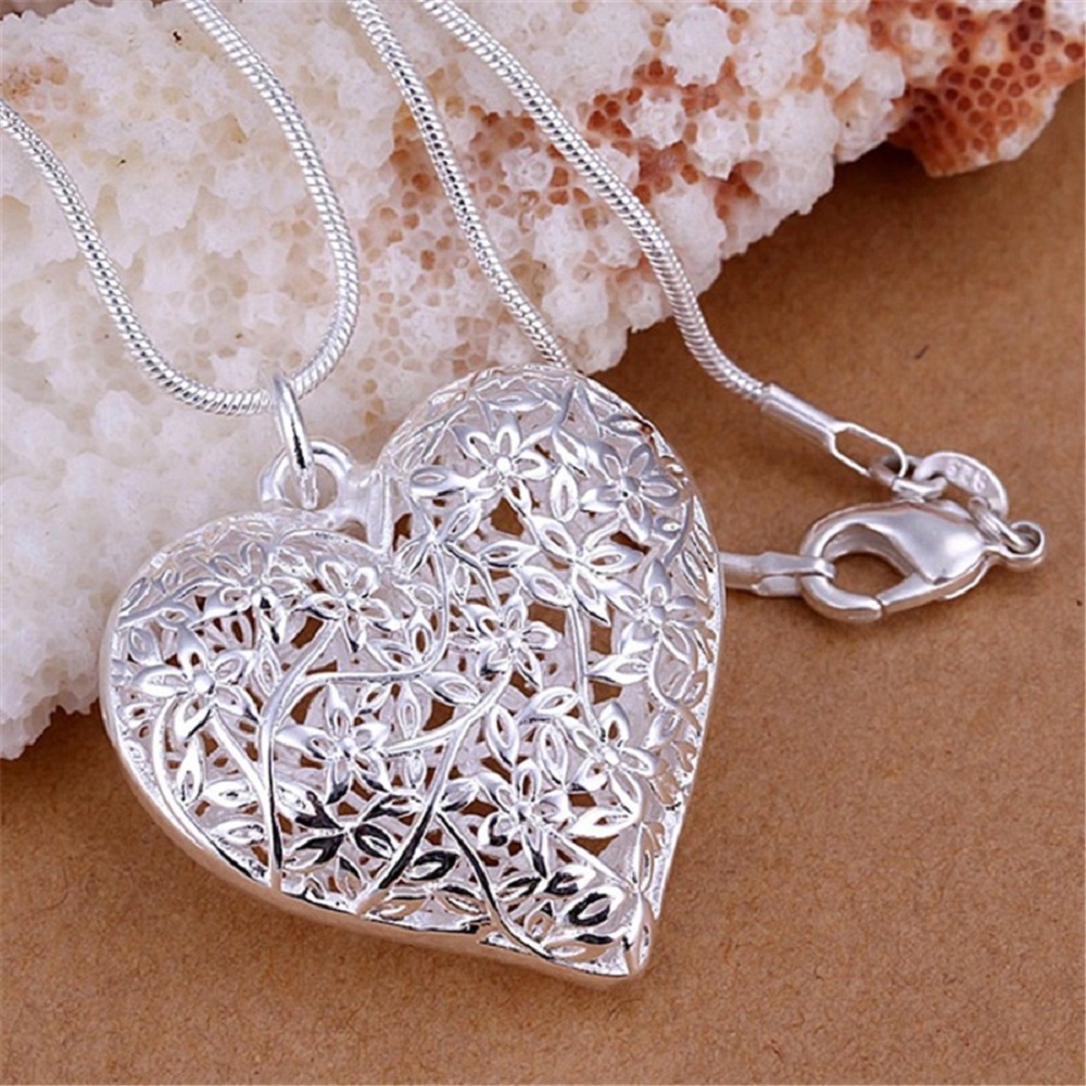 Heart and Flowers Sterling Silver Pendant Necklace