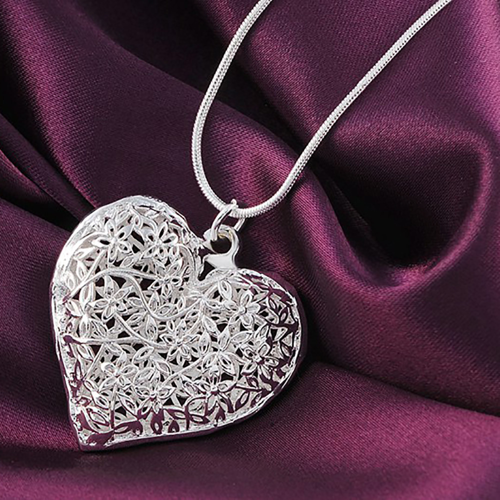 Heart and Flowers Sterling Silver Pendant Necklace