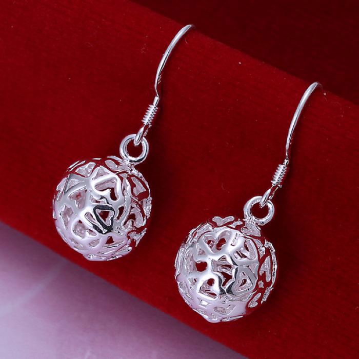 Sterling Silver Filigree Ball Heart French Hook Dangle Drop Earrings