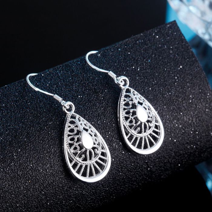 925 Sterling Silver Elegant Filigree Teardrop Drop Dangle Earrings