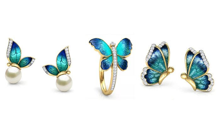 18K Gold Plated Butterfly Collections Pearl Stud Earrings Ring, Blue-Green Enamel with Crystal Accents