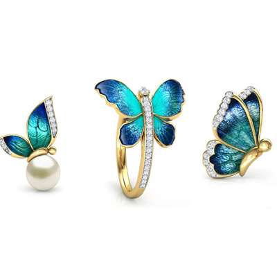 18K Gold Plated Butterfly Collections Pearl Stud Earrings Ring, Blue-Green Enamel with Crystal Accents