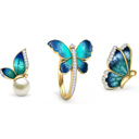  18K Gold Plated Butterfly Collections Pearl Stud Earrings Ring, Blue-Green Enamel with Crystal Accents