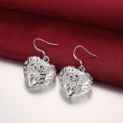 Sterling Silver Puffed Heart Filigree Drop Dangle Earrings 