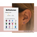  Birthstone Stud Earrings, 4mm Stainless Steel, 14K Gold Plating, 12 Monthly Colors