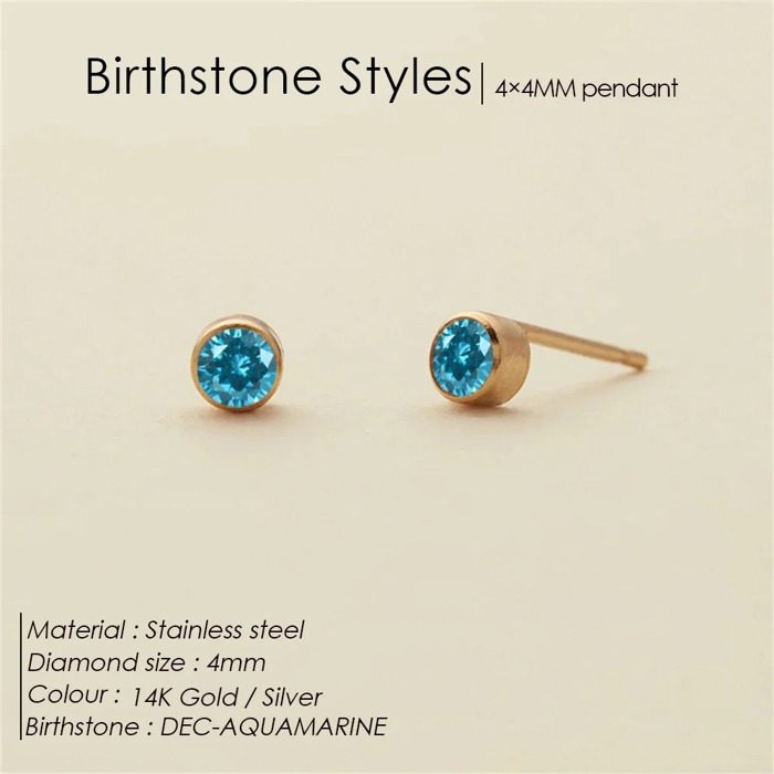 Birthstone Stud Earrings, 4mm Stainless Steel, 14K Gold Plating, 12 Monthly Colors