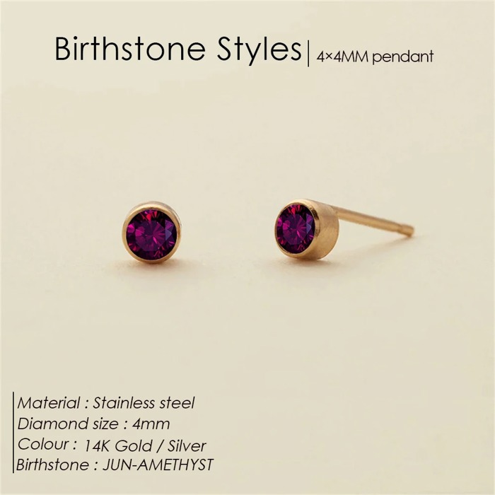 Birthstone Stud Earrings, 4mm Stainless Steel, 14K Gold Plating, 12 Monthly Colors