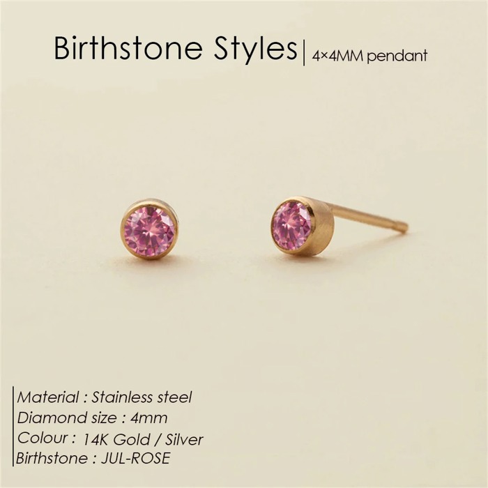 Birthstone Stud Earrings, 4mm Stainless Steel, 14K Gold Plating, 12 Monthly Colors