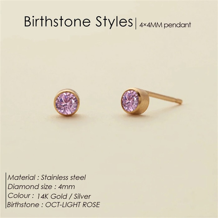 Birthstone Stud Earrings, 4mm Stainless Steel, 14K Gold Plating, 12 Monthly Colors