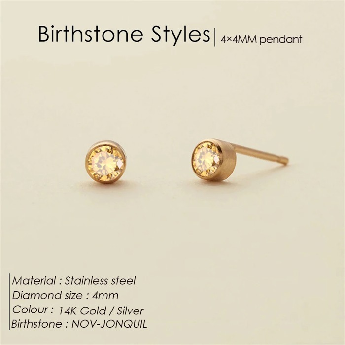 Birthstone Stud Earrings, 4mm Stainless Steel, 14K Gold Plating, 12 Monthly Colors