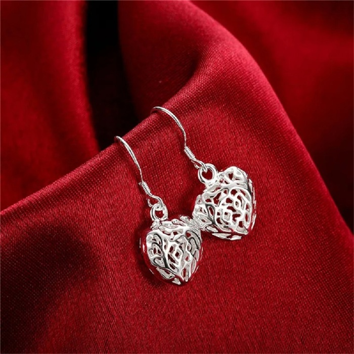 Sterling Silver Puffed Heart Filigree Drop Dangle Earrings 