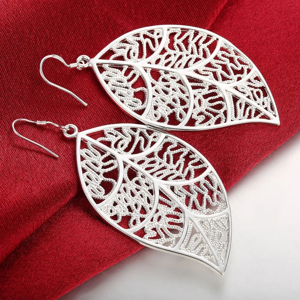 925 Sterling Silver Large Filigree Leaf Drop Dangle Earrings