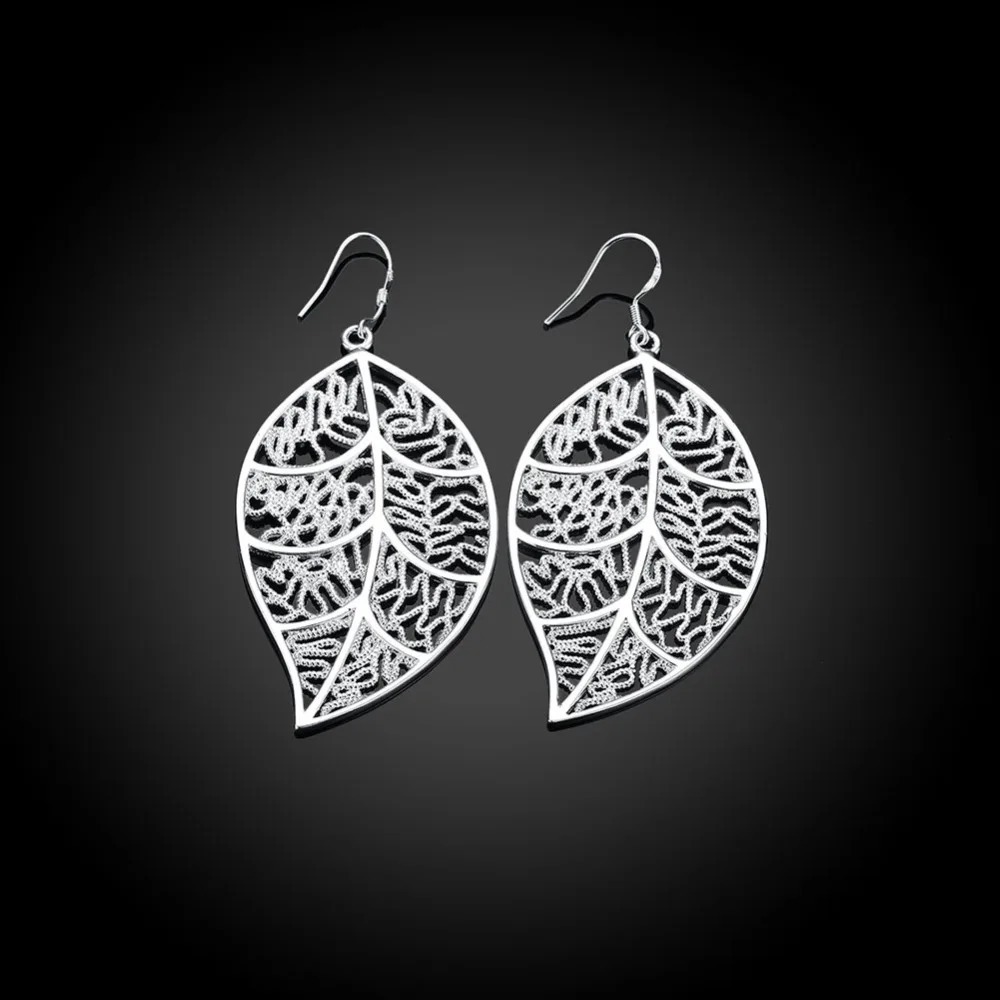 925 Sterling Silver Large Filigree Leaf Drop Dangle Earrings