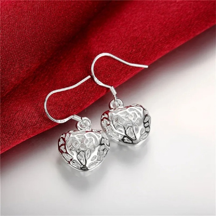 Sterling Silver Puffed Heart Filigree Drop Dangle Earrings 