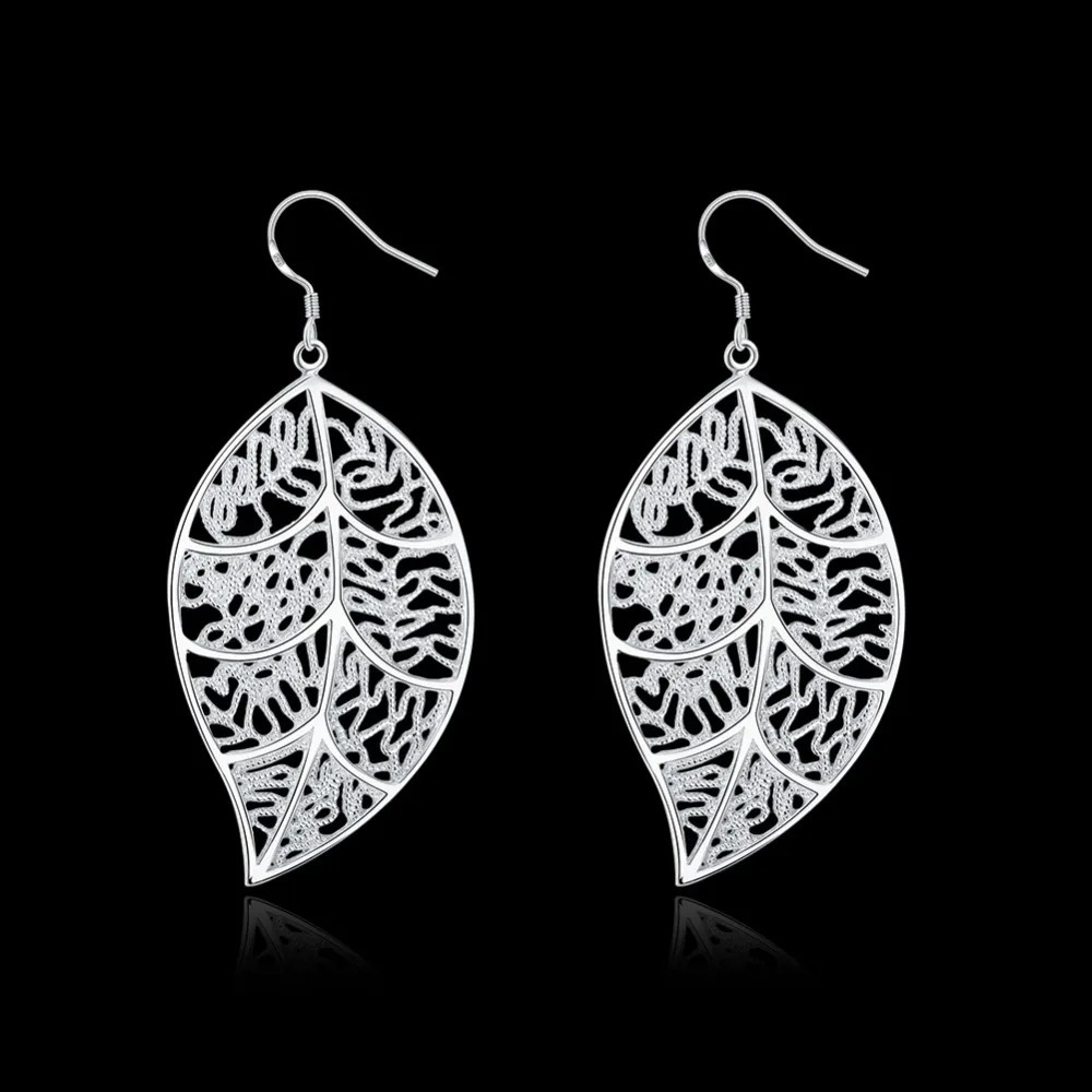 925 Sterling Silver Large Filigree Leaf Drop Dangle Earrings