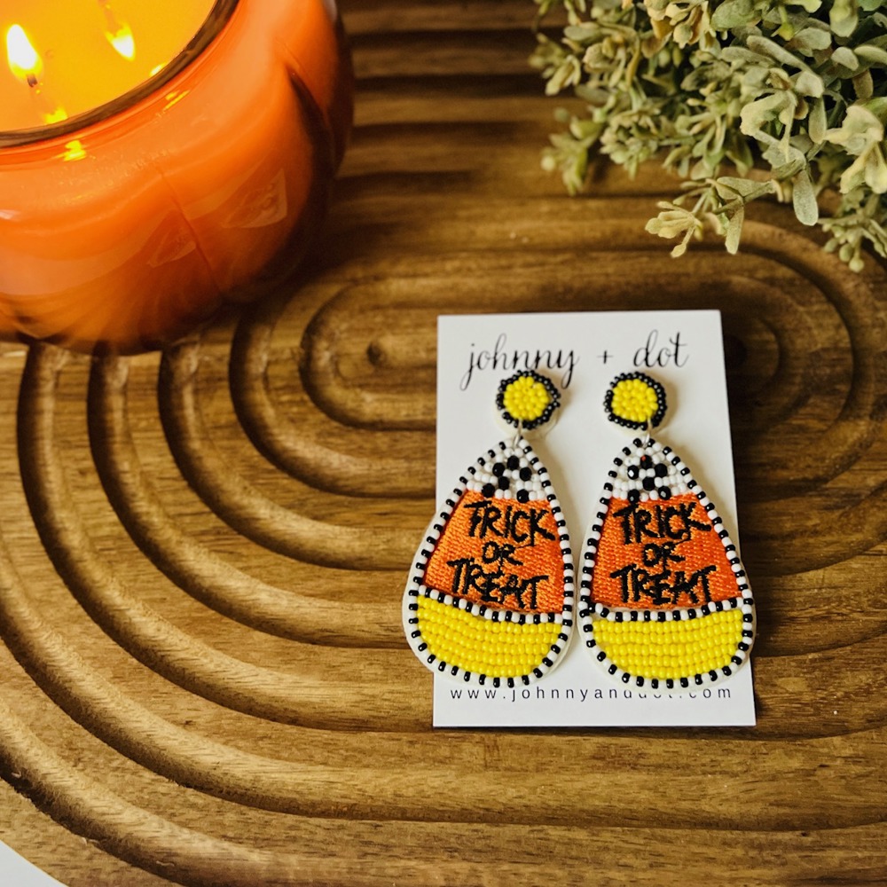 Candy Corn Trick or Treat Halloween Beaded Earrings by Johnny + Dot