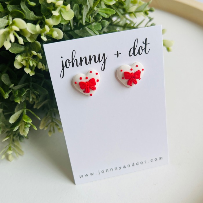 Red Bow Heart Clay Studs