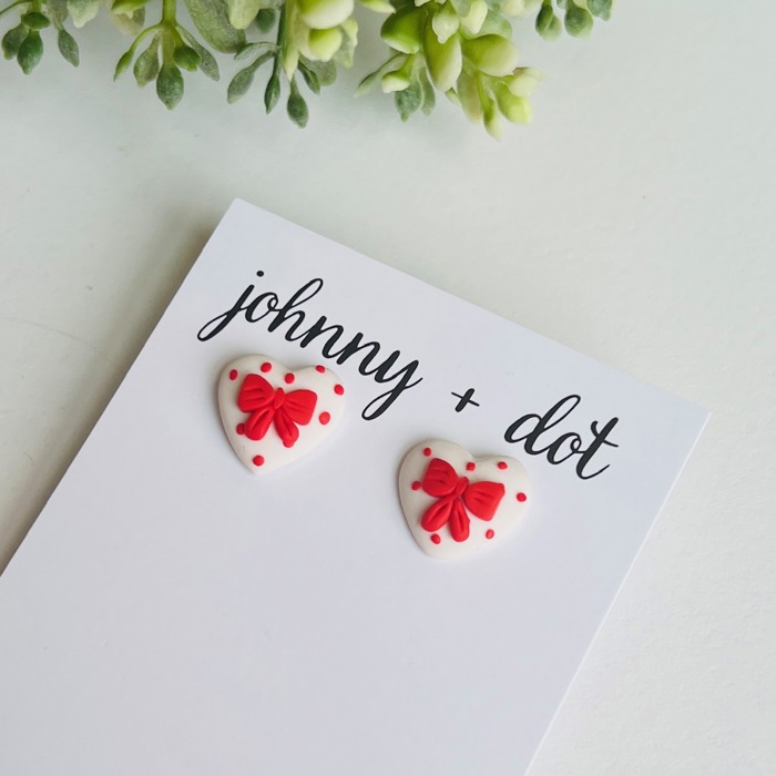 Red Bow Heart Clay Studs