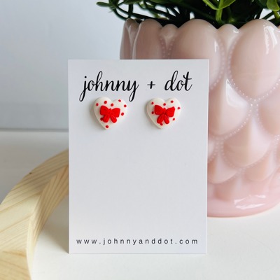 Red Bow Heart Clay Studs