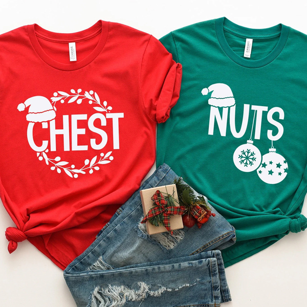 Chest Nuts Funny Christmas Matching Couple Graphic Tee