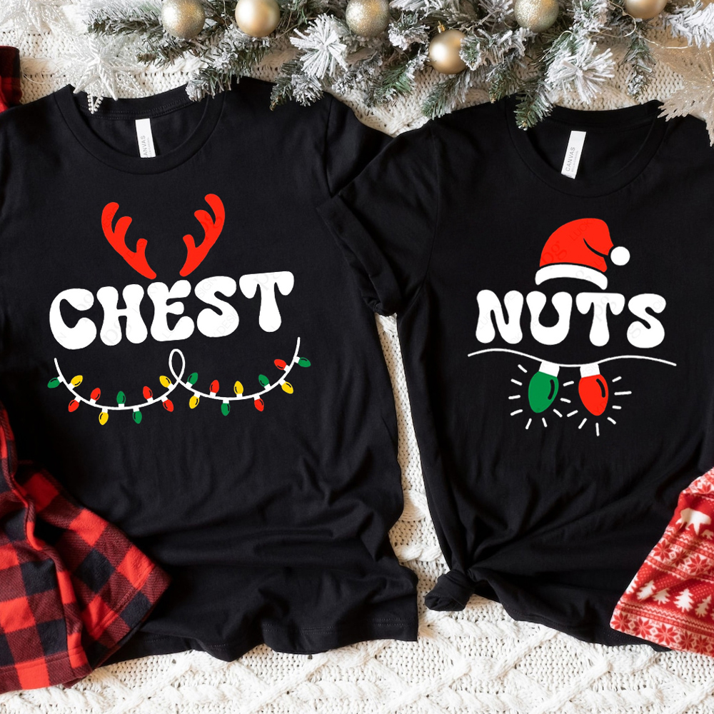 Chest Nuts Funny Christmas Matching Couple Graphic Tee