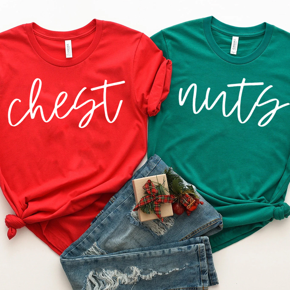 Chest Nuts Funny Christmas Matching Couple Graphic Tee