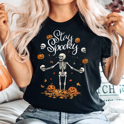 Stay Spooky Funny Skeleton Skull & Pumpkin Fall & Autumn Graphic Tee | Halloween Shirt